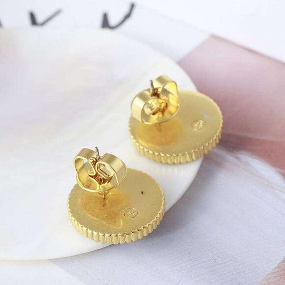 New Tory Burch Gold Logo, Black & Red Enamel Round Stud Earrings - Picture 5 of 7